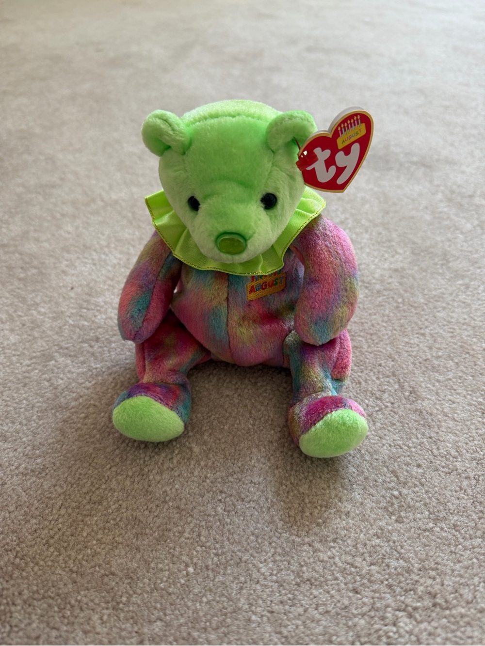 Ty Neon Multicolor Tie-Dye August Birthday Beanie Baby Bear Plush